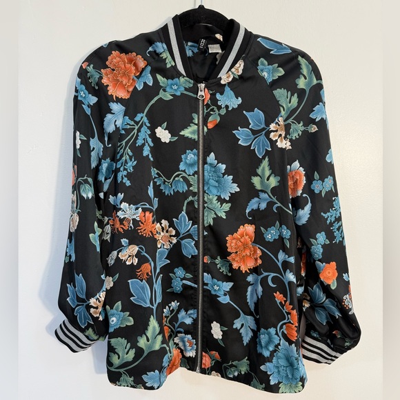 H&M Jackets & Blazers - H&M Black silky lined zipper Bomber Jacket with Blue and Orange Blooms small